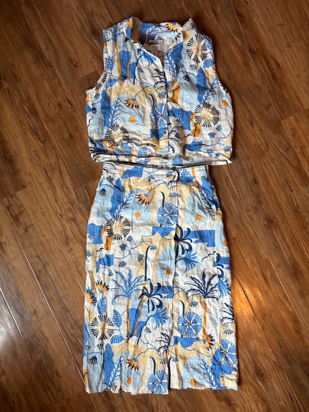 Coastal Resort Two Piece Set. Tropical Print 100% Linen Beach Vacation outfit